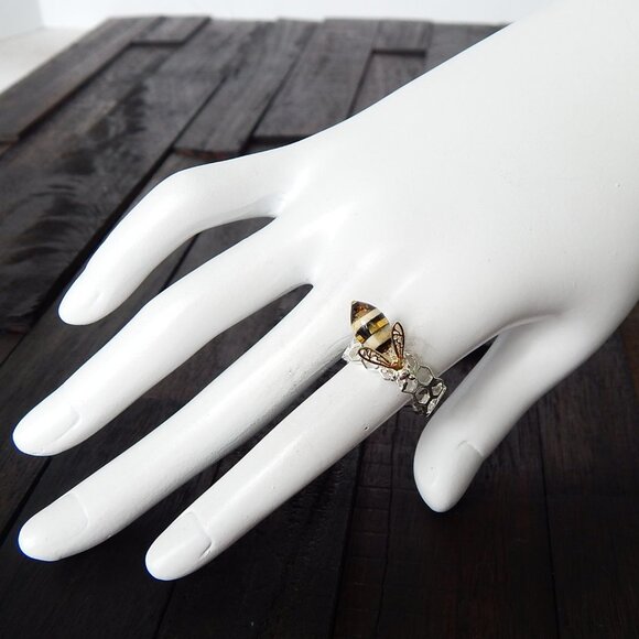 Natural Baltic Amber Bee and Honeycomb 14K Gold Plated Adjustable Ring - Picture 5 of 5